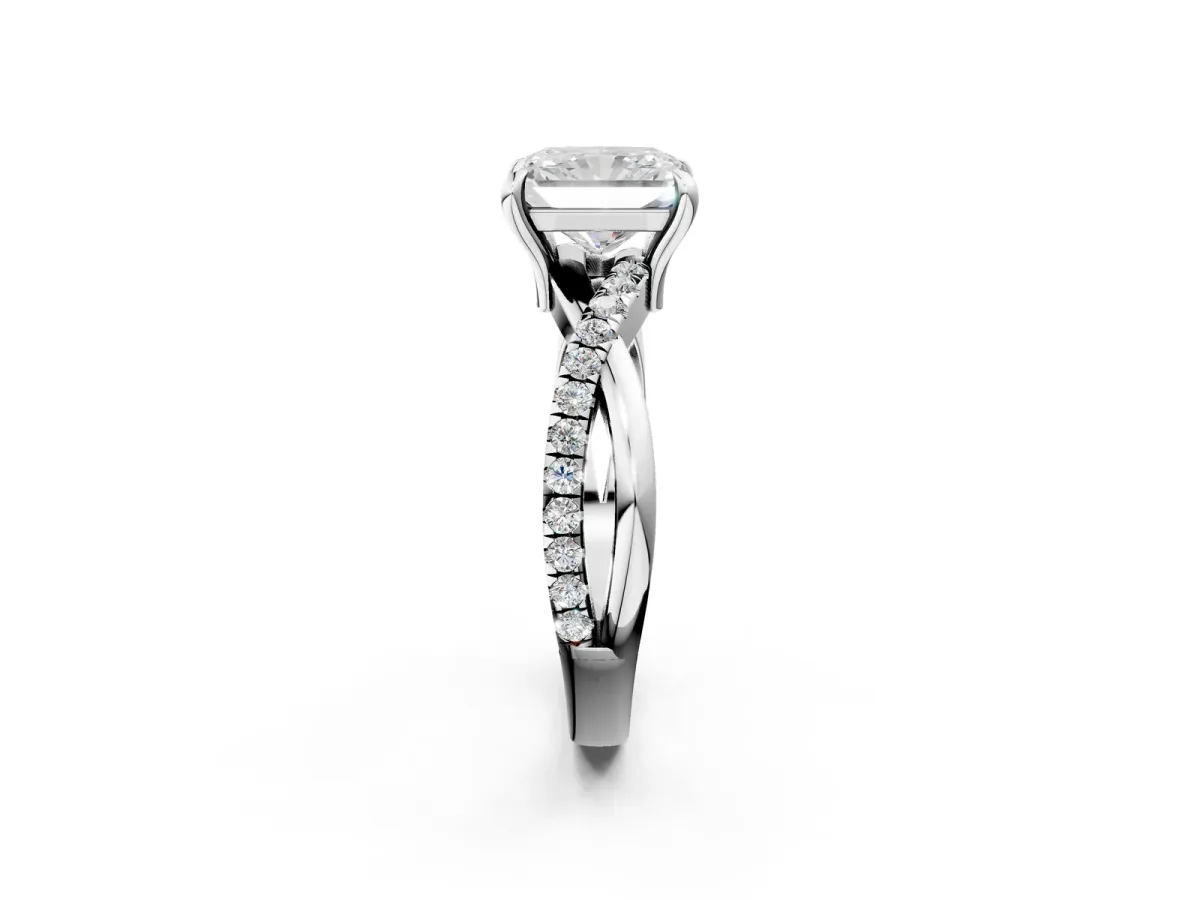 Radiant Cut Cut Twist Band Solitaire Diamond Ring with Pavé Setting Platinum