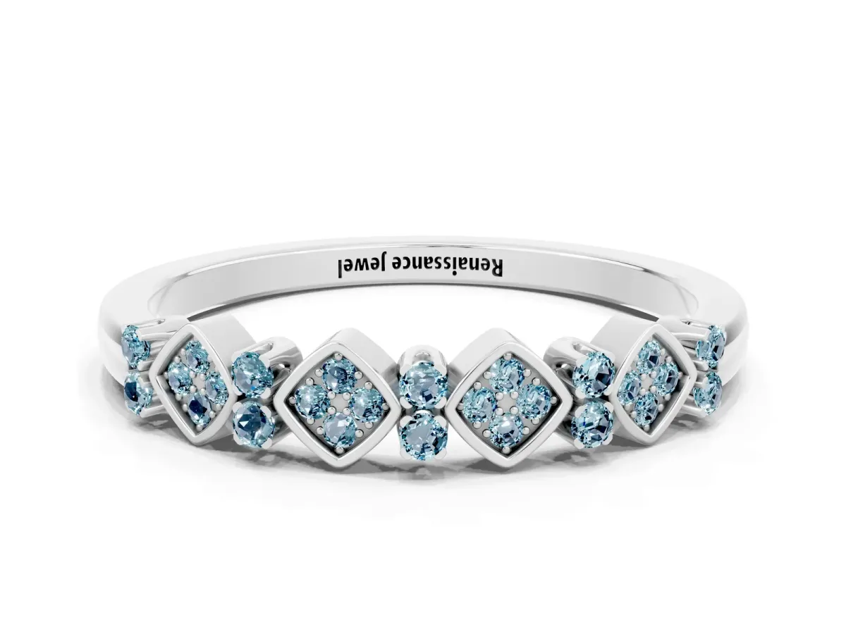 Pavé Cushion Aquamarine Cluster Eternity Band with Prong Setting Silver