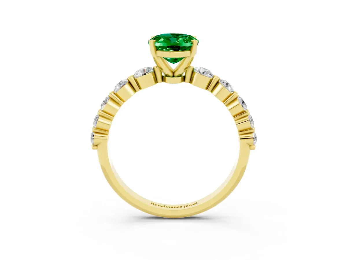 Oval Cut Solitaire Emerald Ring with Pave Band and Four-Prong Setting Yellow gold