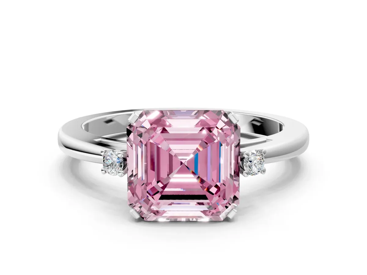 Fancy Pink Asscher Cut Cut Three-Stone Solitaire Ring with Round Accent Diamonds and Four-Prong Setting Platinum