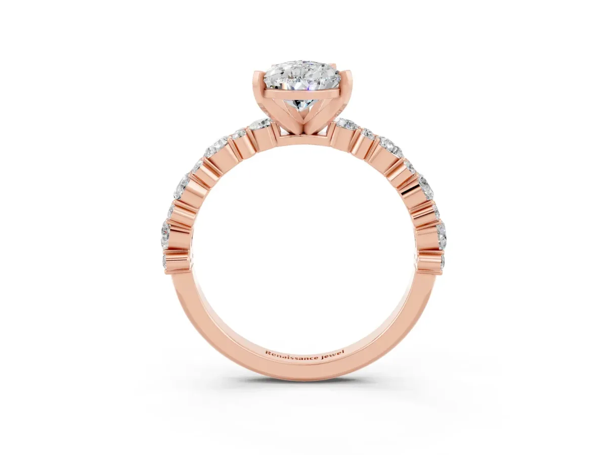 Pear Cut Moissanite Side Stone Solitaire Ring with Round and Four-Prong Setting Rose gold