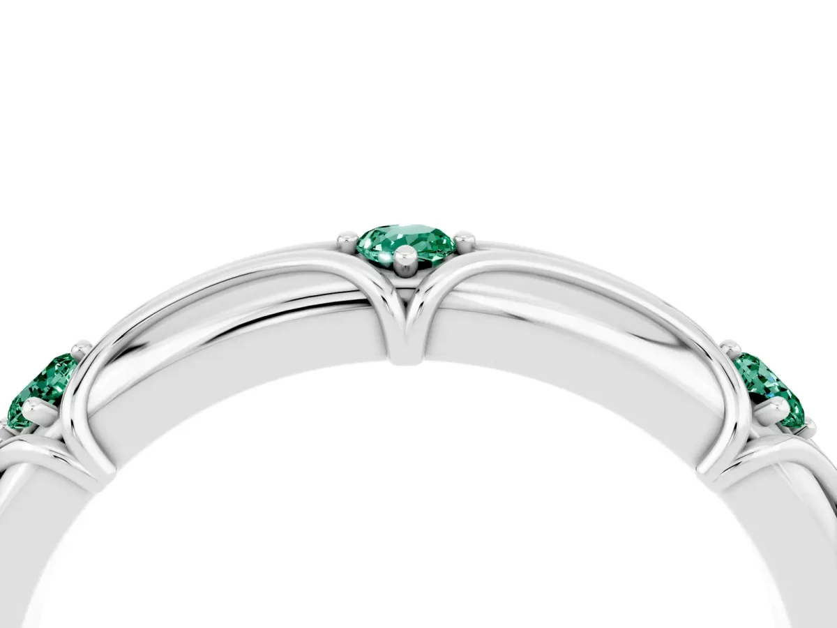 Round Green Sapphire Prong Set Milgrain Eternity Band Silver