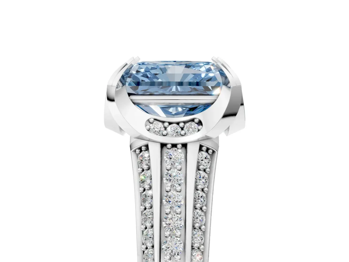 Fancy Blue Radiant Cut Solitaire Pave Split Shank Ring with Four-Prong Setting Platinum