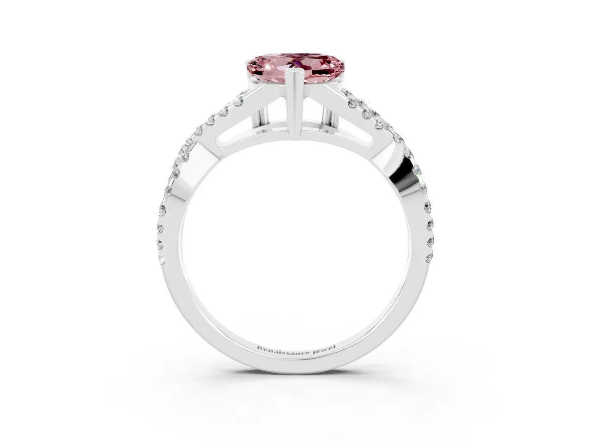 Heart Cut Morganite Solitaire Ring with Four-Prong Setting and Twisted Pavé Band Silver