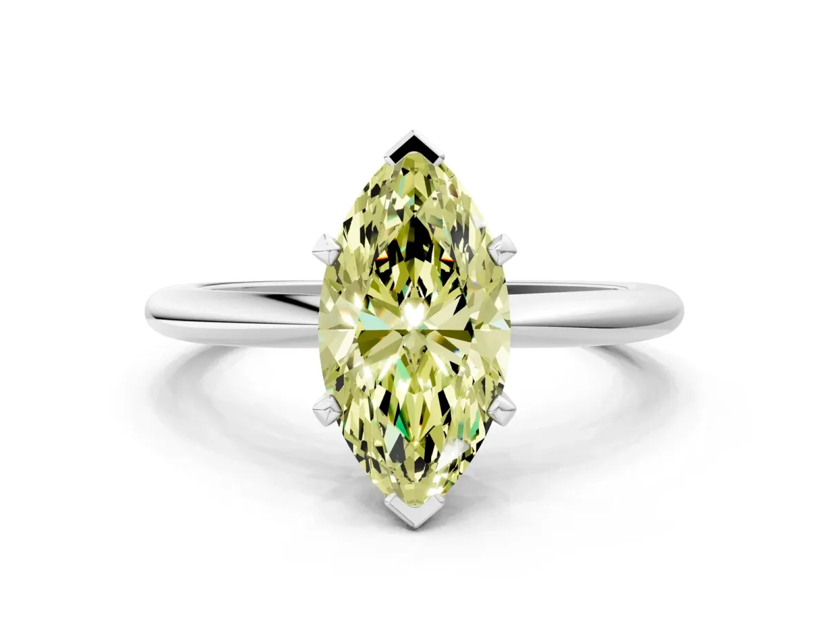 Fancy Yellow Marquise Cut Diamond Solitaire Ring with Six-Prong Setting and Classic Band Silver