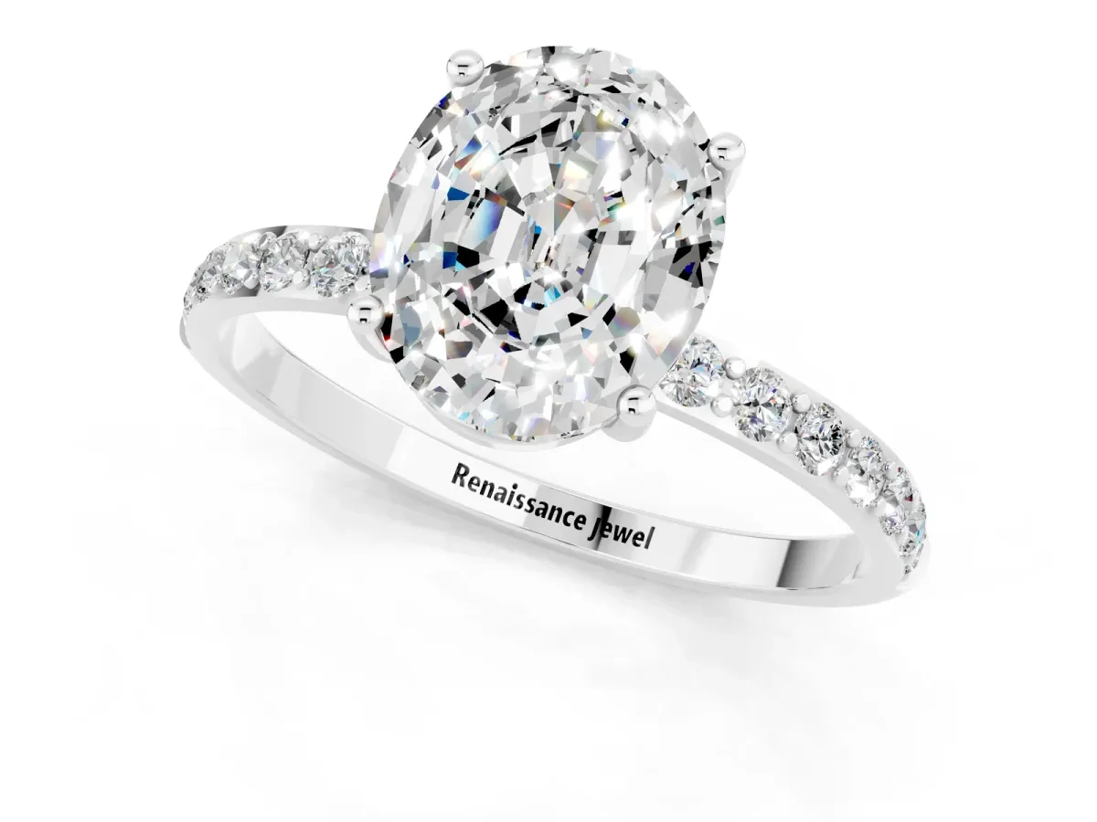 Oval Cut Moissanite Solitaire Ring with Round Pavé Band and Prong Setting Silver