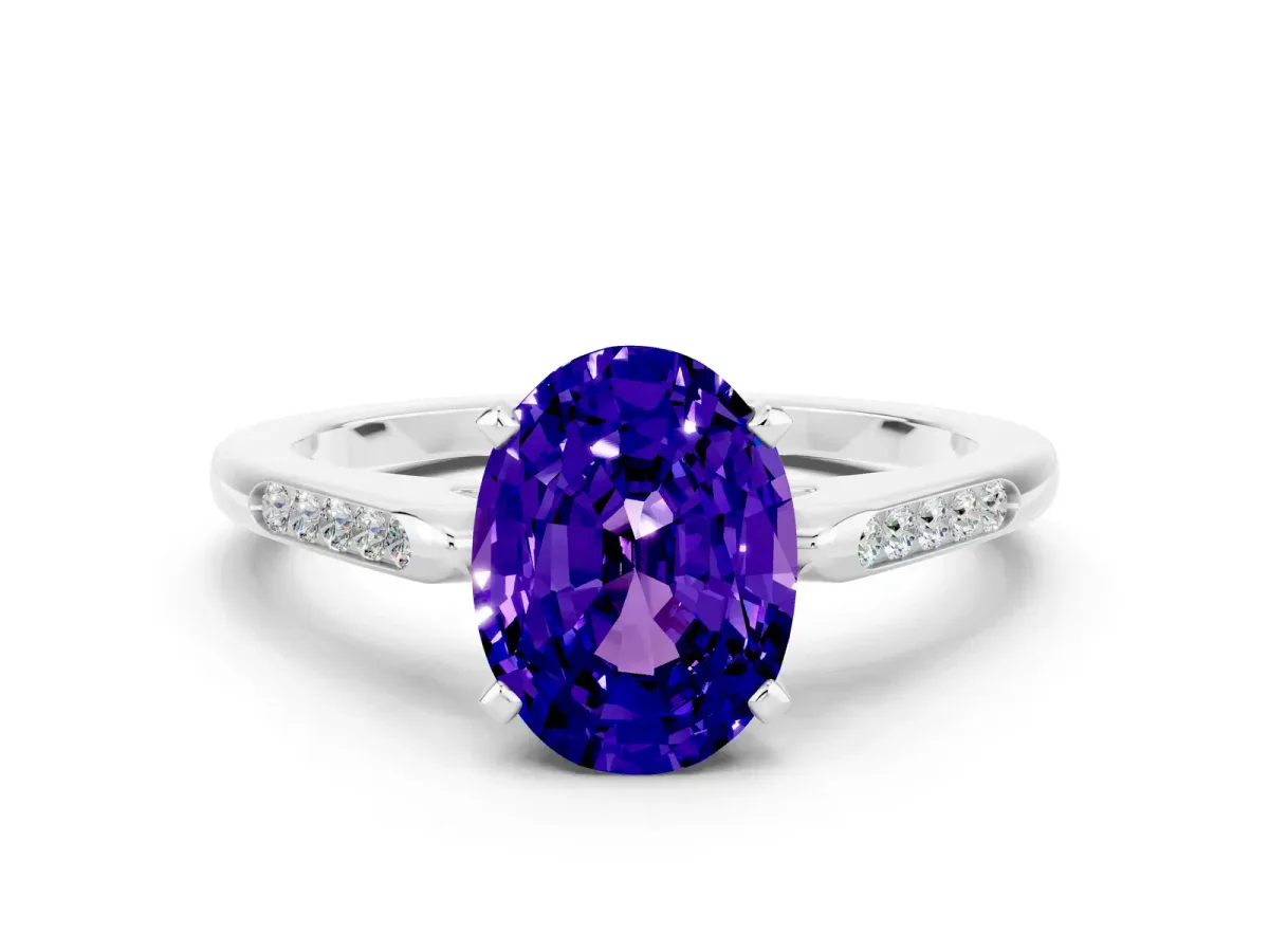 Oval Cut Tanzanite Solitaire Ring with Channel Set Round Band and Prong Setting Silver