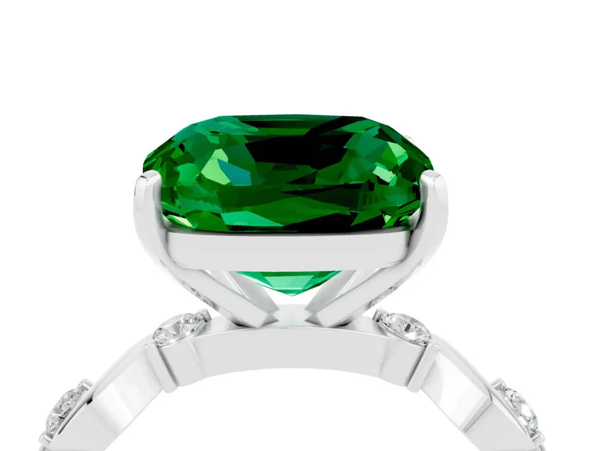 Cushion Cut Emerald Solitaire Twisted Band with Round Accents and Prong Setting Silver