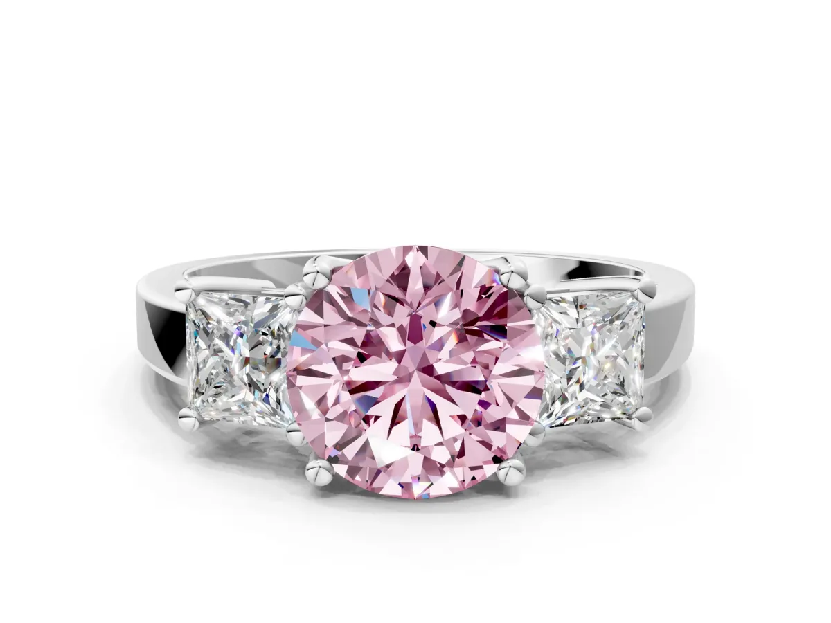 Fancy Pink Three-Stone Round Cut Cut Solitaire Ring with Prong Setting White gold