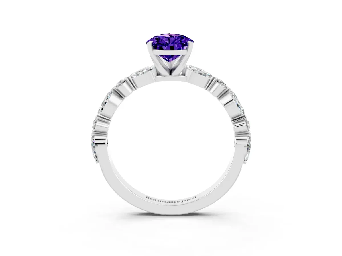 Pear Cut Tanzanite Ring with Marquise and Round Side Stones and Four-Prong Setting Silver