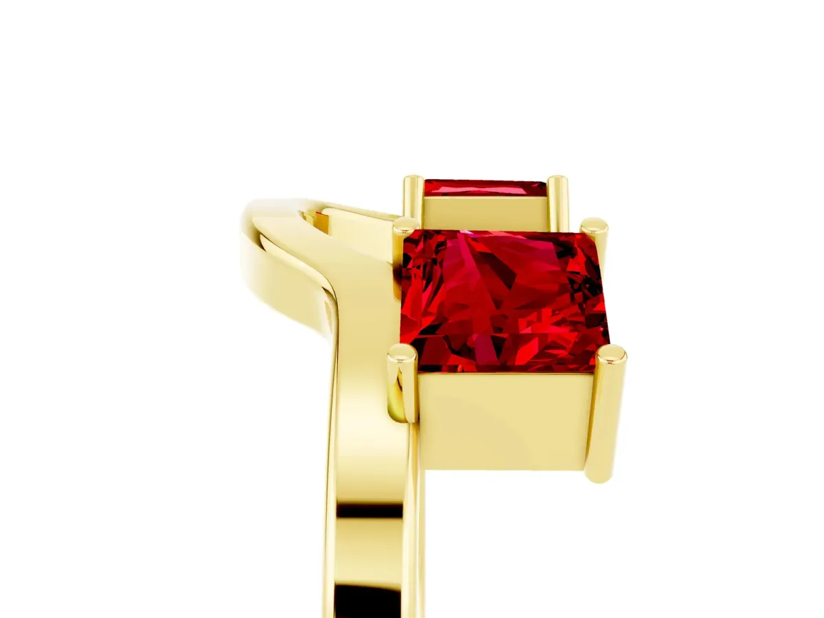 Princess Cut Ruby Two-Stone Open Band Ring with Four-Prong Setting Yellow gold