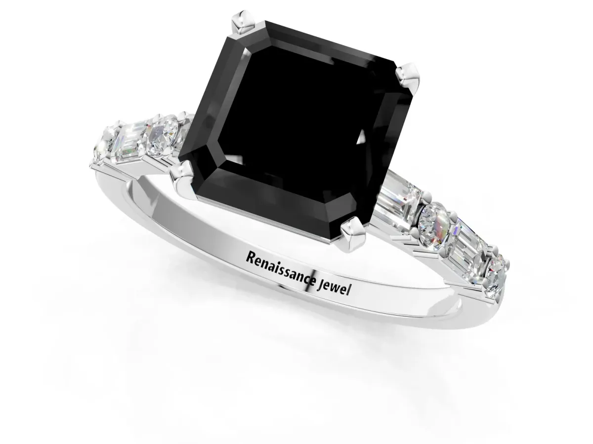 Fancy Black Asscher Cut Diamond Solitaire with Side Baguettes and Channel Set Band Silver