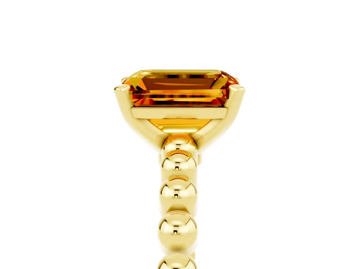 Emerald Cut Citrine Solitaire Ring with Beaded Band and Prong Setting Yellow gold