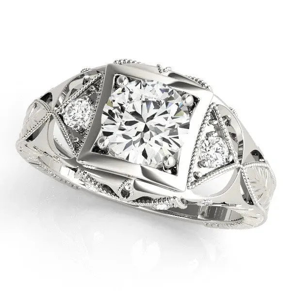 Milgrain Bezel Round Cut-Cut Filigree Engagement Ring Silver