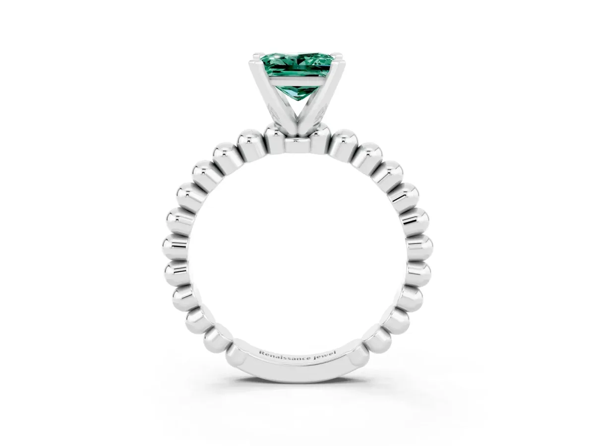 Princess Cut Green Sapphire Solitaire Ring with Beaded Band and Prong Setting Silver