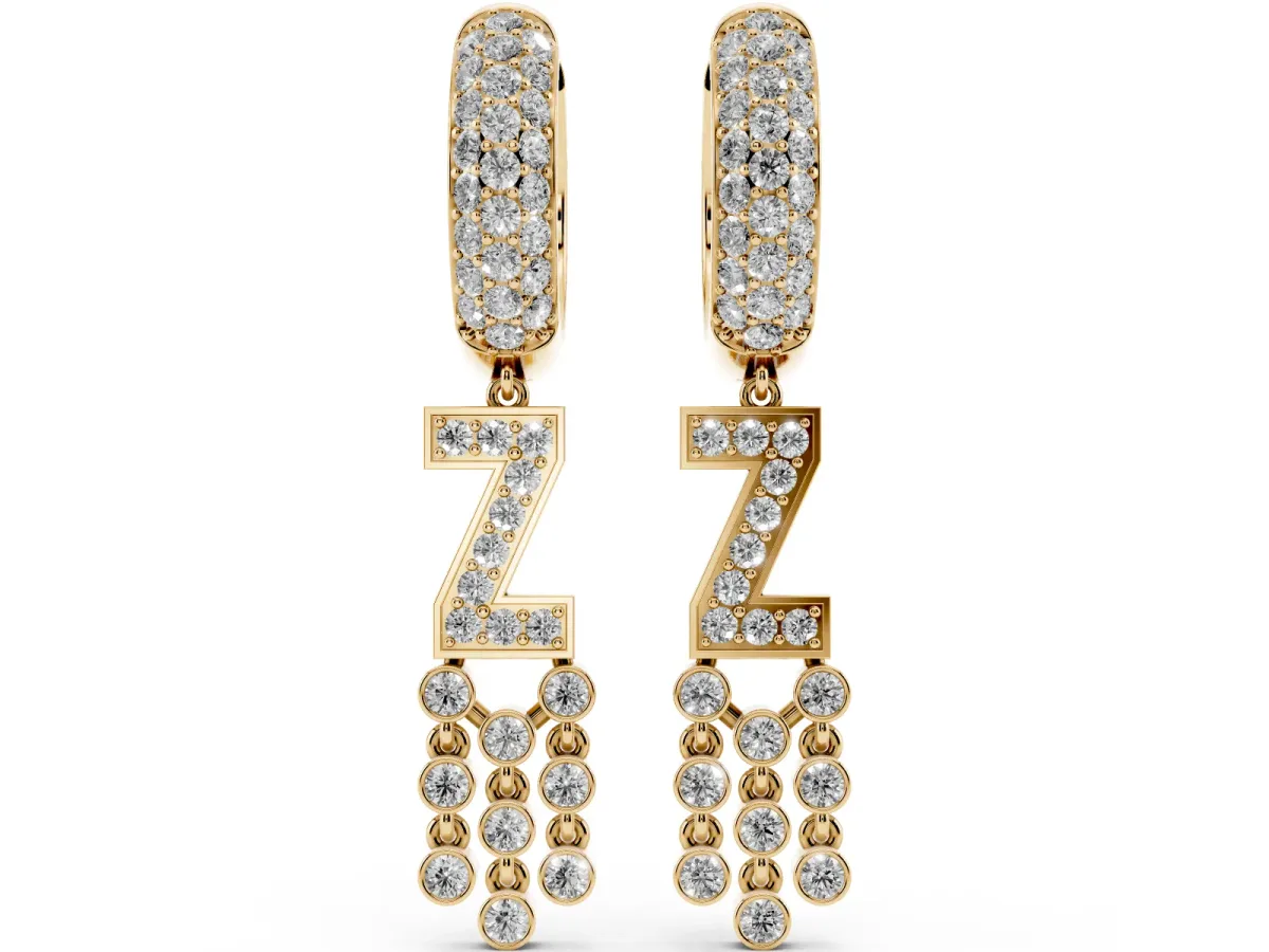 Round Diamond Initial Z Huggie Hoop Earrings Yellow gold