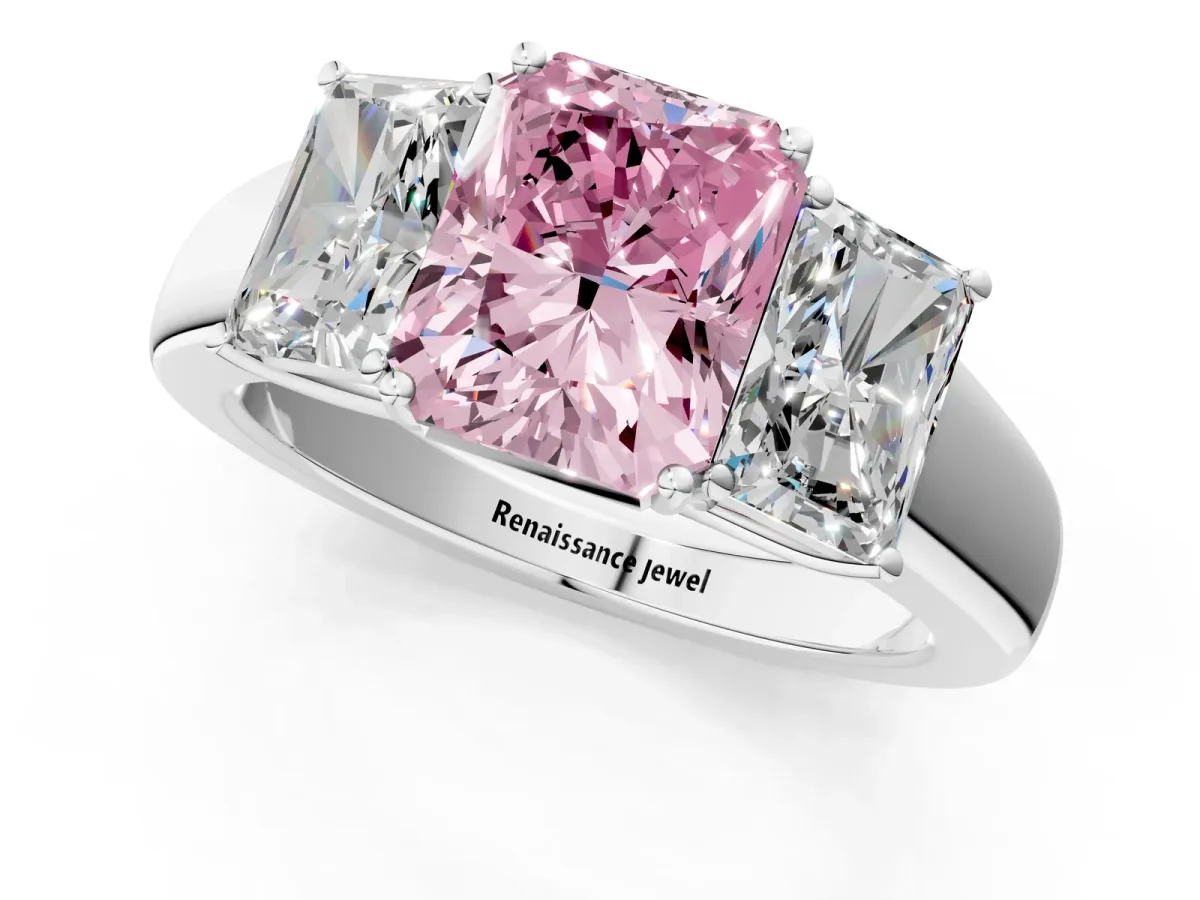 Fancy Pink Three-Stone Radiant Cut Cut Diamond Ring with Prong Setting and Classic Band Platinum