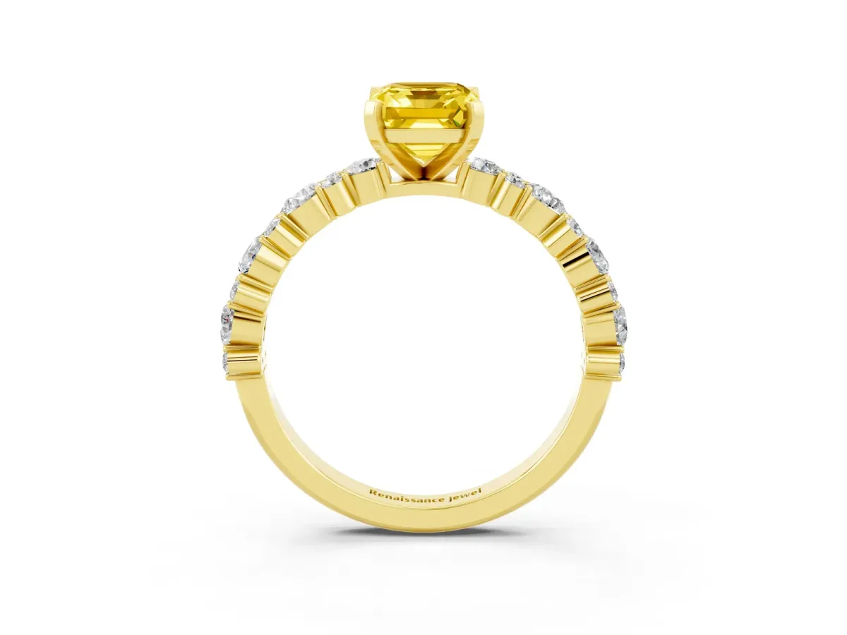 Emerald Cut Yellow Sapphire Side Stone Solitaire Ring with Round and Four-Prong Setting Yellow gold