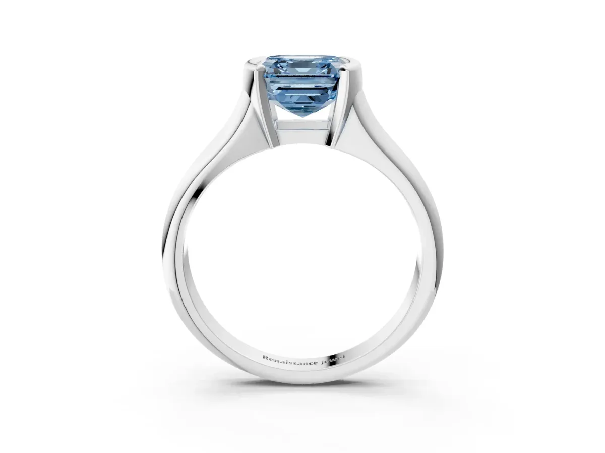 Fancy Blue Asscher Cut Solitaire Tension Set Diamond Ring with Split Shank Band Platinum