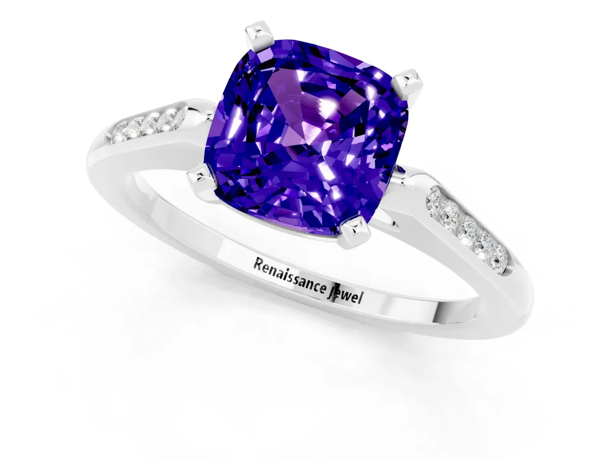 Cushion Cut Tanzanite Solitaire Ring with Channel Set Round Band and Prong Setting Silver