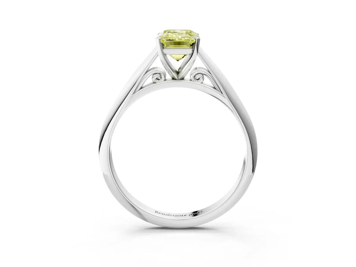 Fancy Yellow Emerald Cut Diamond Solitaire Engagement Ring with Cathedral Setting and Four-Prong Mount White gold