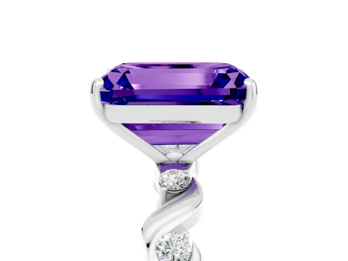 Emerald Cut Tanzanite Solitaire Twisted Band with Round Accents and Prong Setting Silver