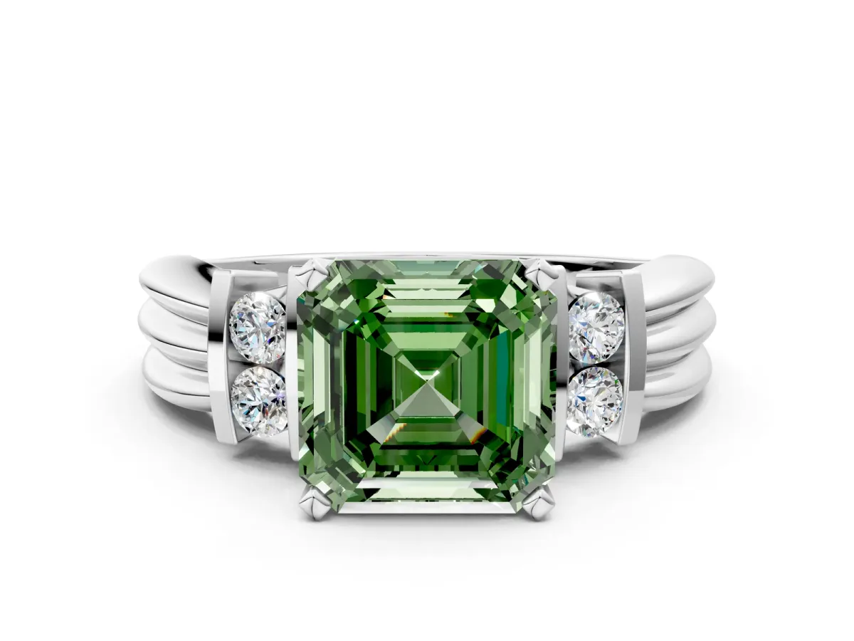 Fancy Green Asscher Cut Cut Three-Stone Channel Set Ring with Bar Prongs Platinum