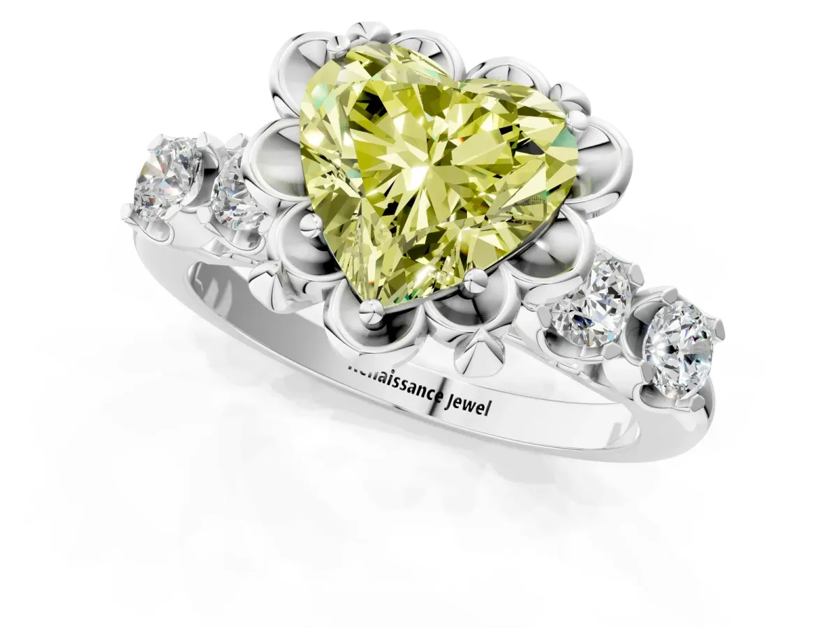 Fancy Yellow Heart Cut Cut Diamond Floral Halo Engagement Ring with Shared Prong Setting Silver