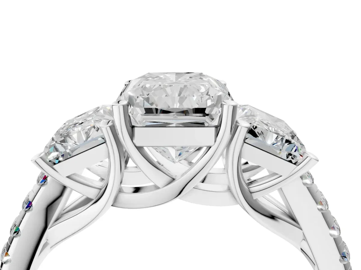 Three-Stone Radiant Cut Diamond Ring with Round Moissanite Pavé Band and Prong Setting Silver