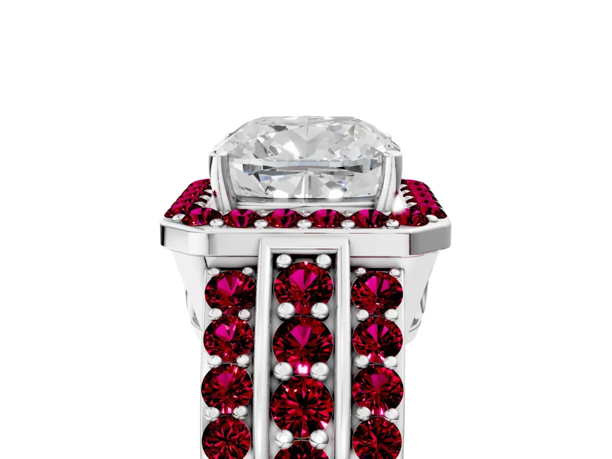 Cushion Cut Halo Diamond Ring with Round Garnet Split Shank and Prong Setting Silver