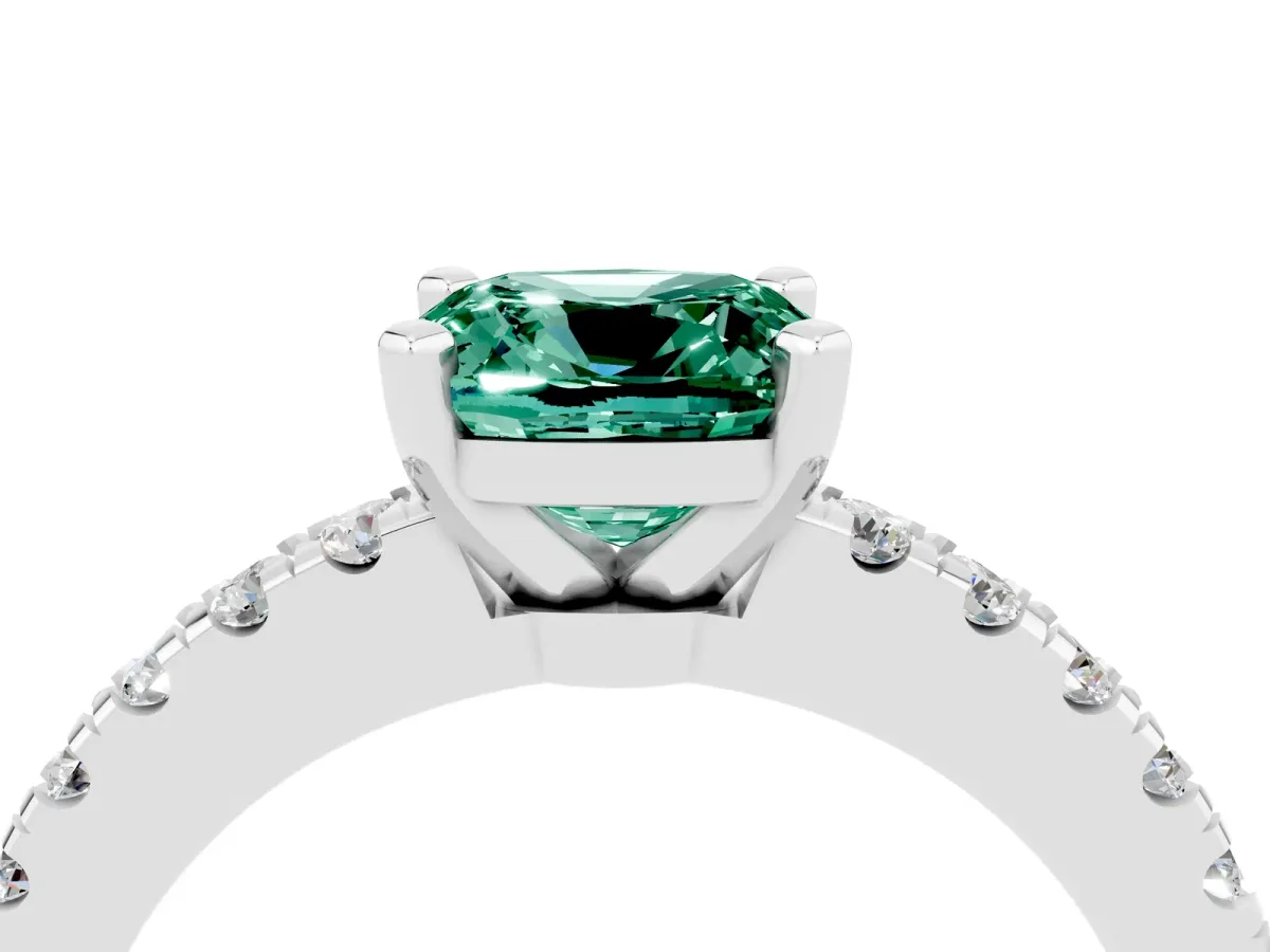 Cushion Cut Solitaire Green Sapphire with Pavé Band and Four-Prong Setting Silver