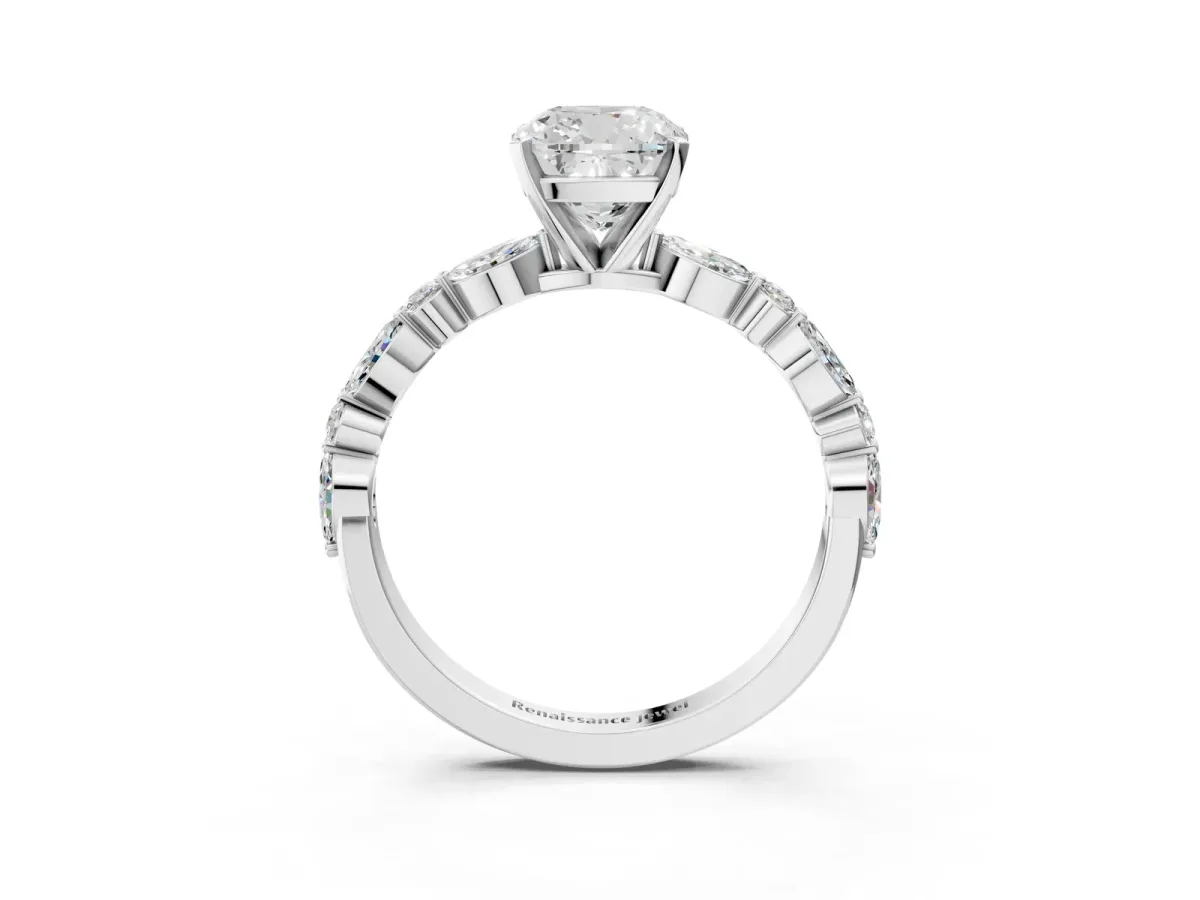 Cushion Cut Diamond Ring with Marquise and Round Side Stones and Four-Prong Setting Silver