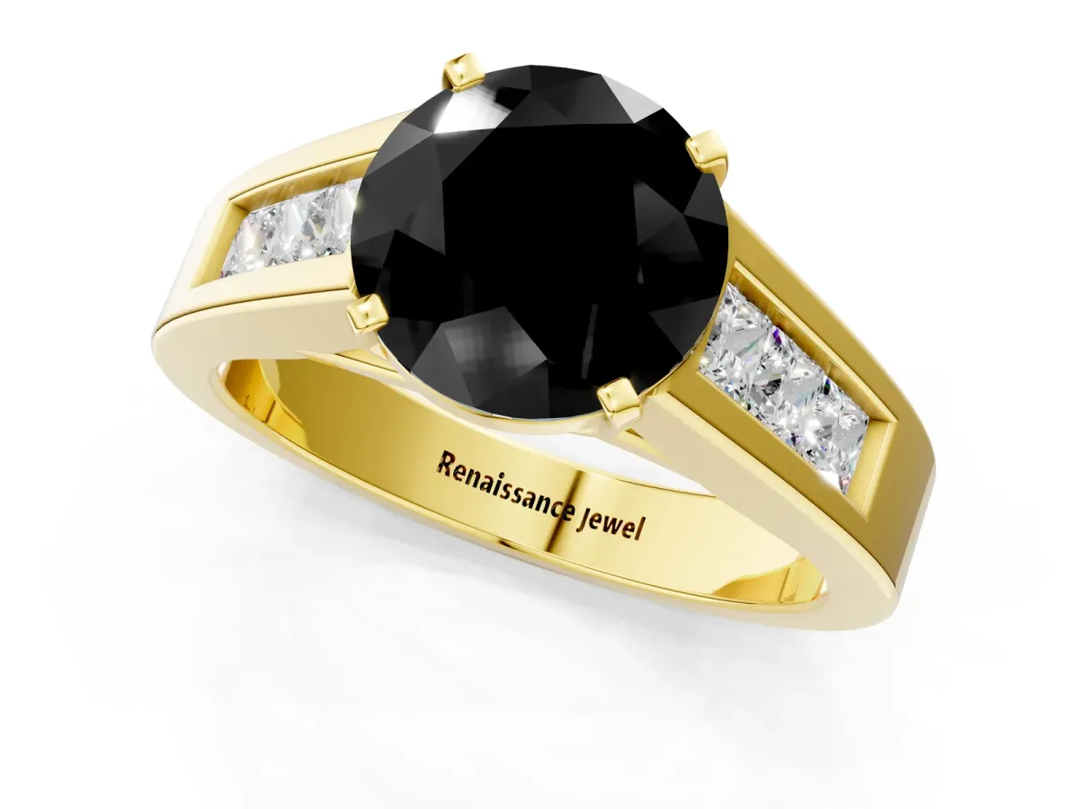 Fancy Black Round Cut Cut Channel Set Solitaire Ring with Four-Prong Setting Yellow gold