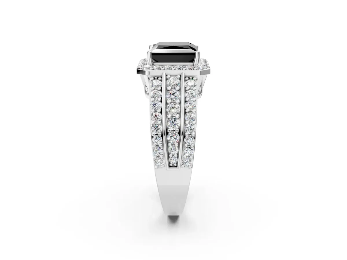 Fancy Black Princess Cut Halo Diamond Ring with Round Split Shank and Prong Setting Silver