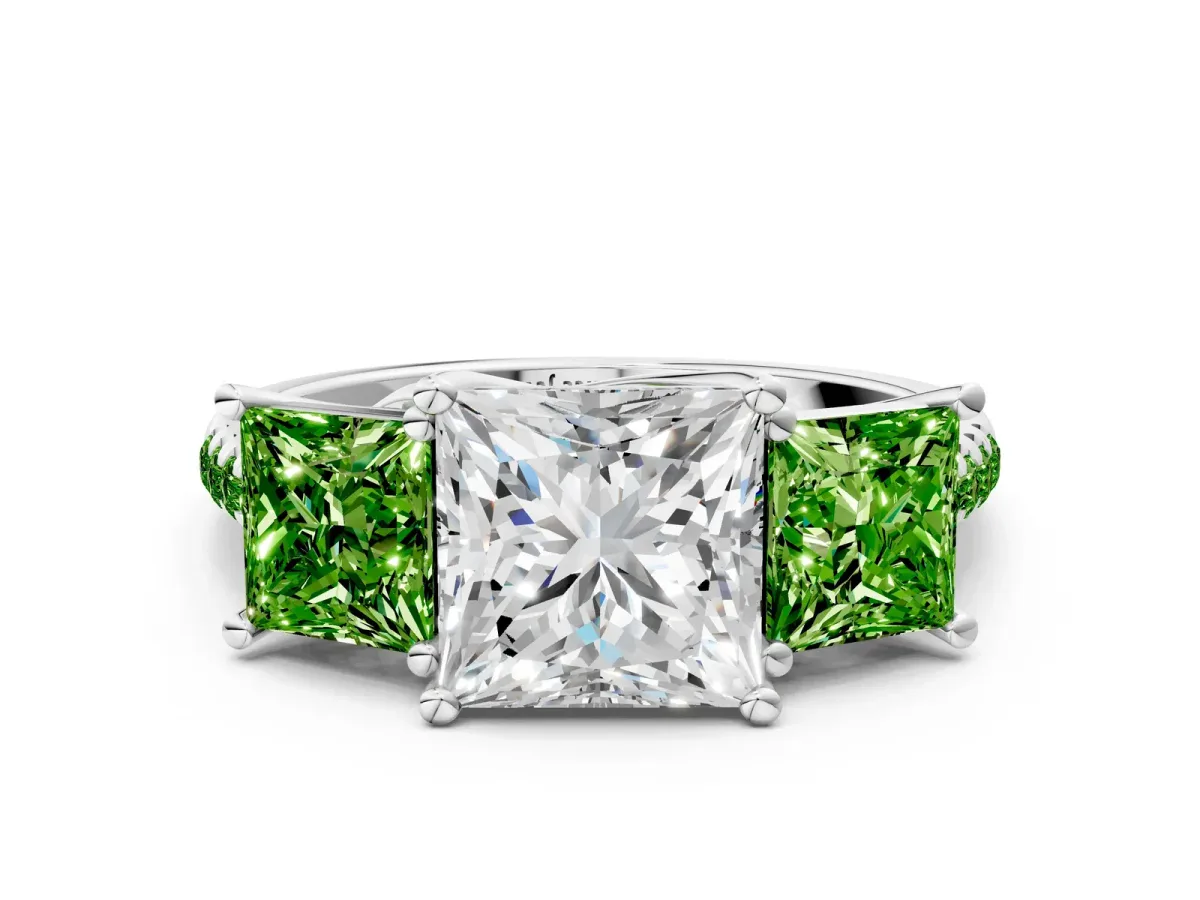 Three-Stone Princess Cut Diamond Ring with Round Peridot Pavé Band and Prong Setting Silver