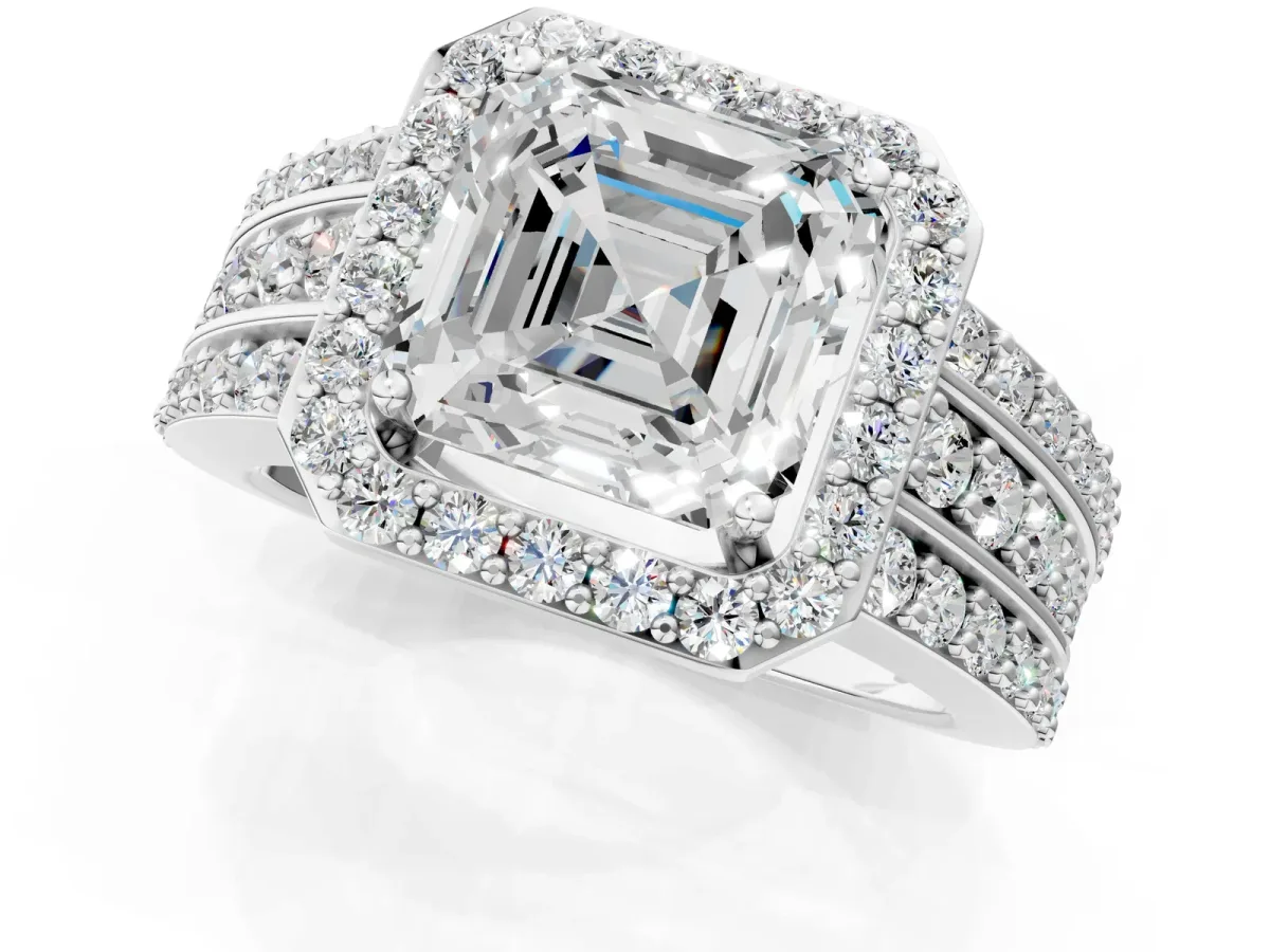 Asscher Cut Halo Diamond Ring with Round Split Shank and Prong Setting Platinum