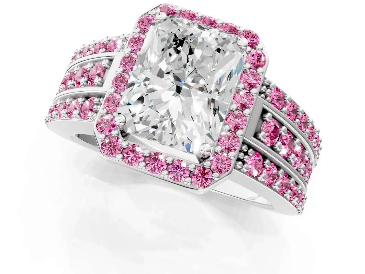 Radiant Cut Halo Diamond Ring with Round Pink Sapphire Split Shank and Prong Setting Silver