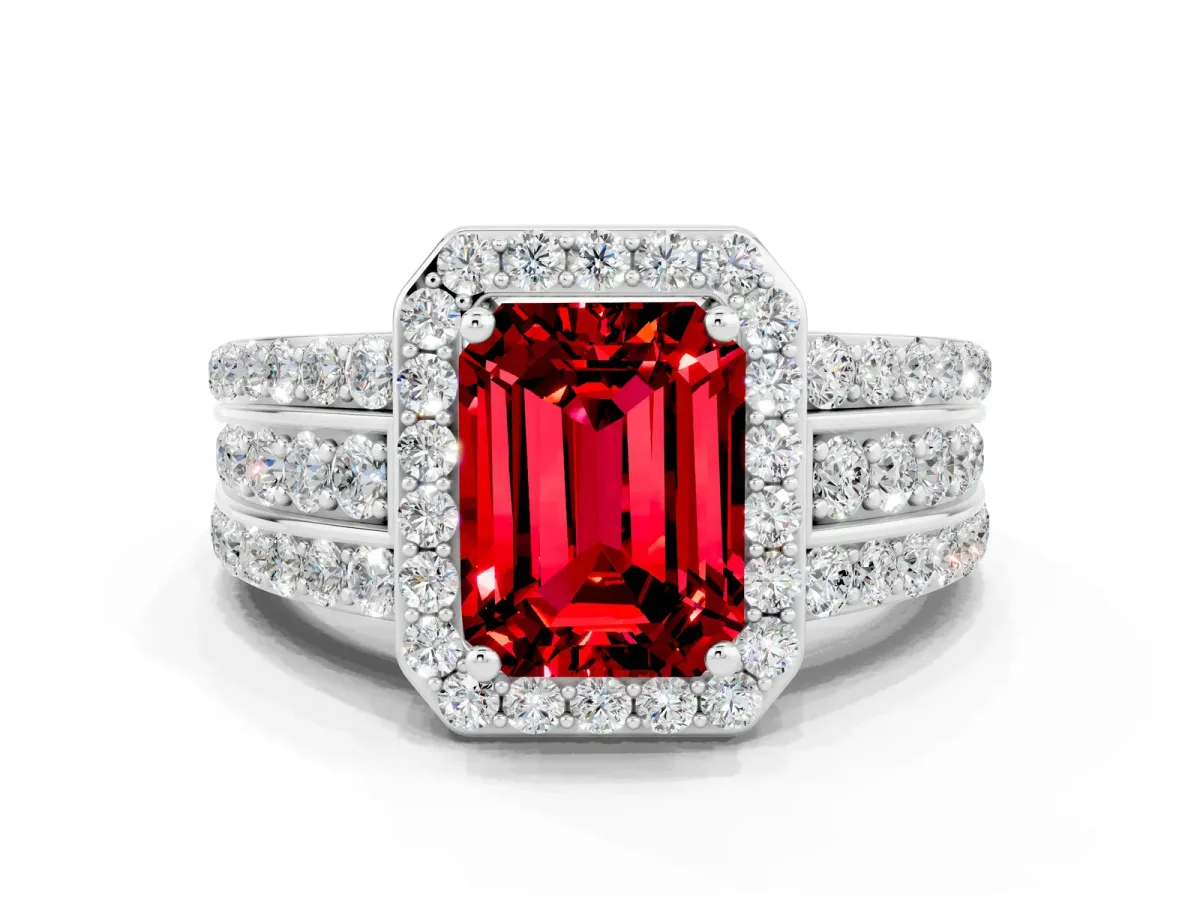 Emerald Cut Halo Ruby Ring with Round Split Shank and Prong Setting White gold