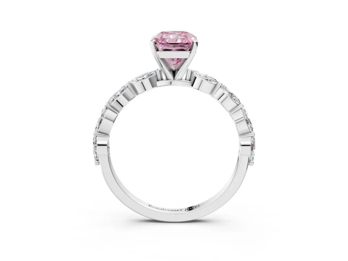 Fancy Pink Radiant Cut Diamond Ring with Marquise Side Stones and Prong Setting Platinum