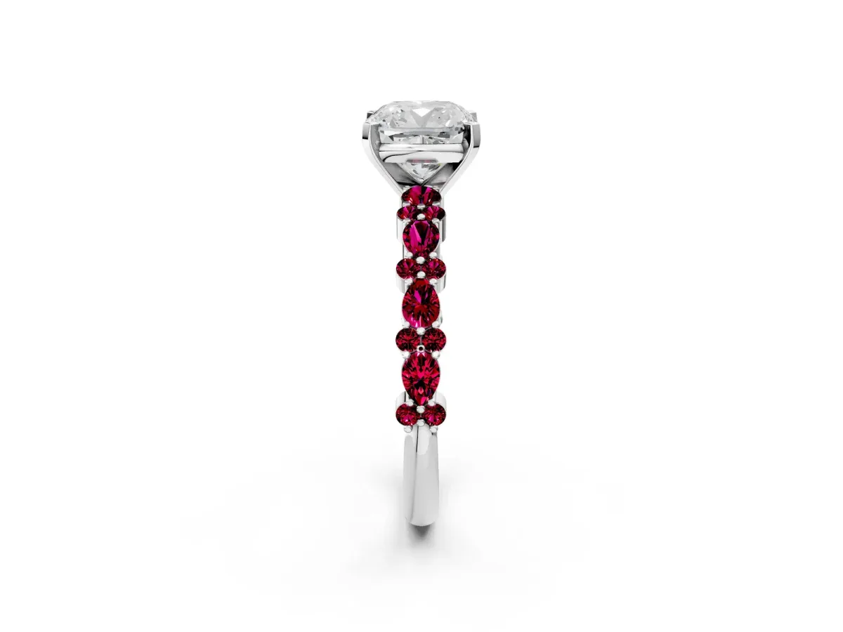 Cushion Cut Diamond Side Stone Solitaire Ring with Round Garnet and Four-Prong Setting Silver