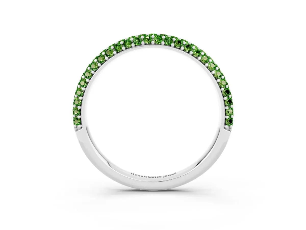 Round Peridot Pavé Eternity Band with Shared Prong Setting Silver