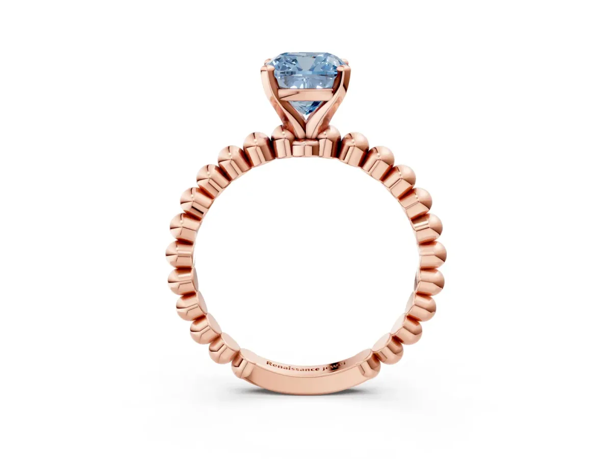 Fancy Blue Cushion Cut Diamond Solitaire Ring with Beaded Band and Prong Setting Rose gold