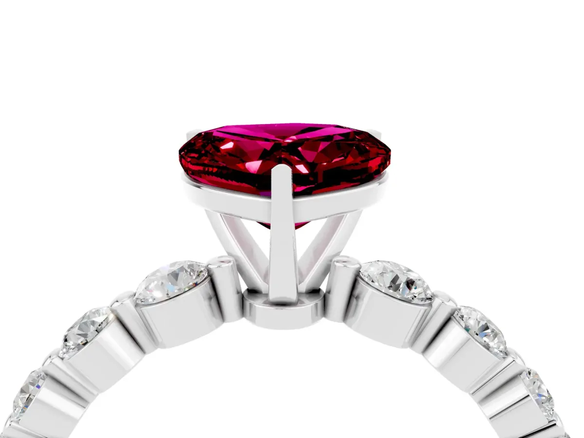 Heart Cut Solitaire Garnet Ring with Pave Band and Four-Prong Setting Platinum