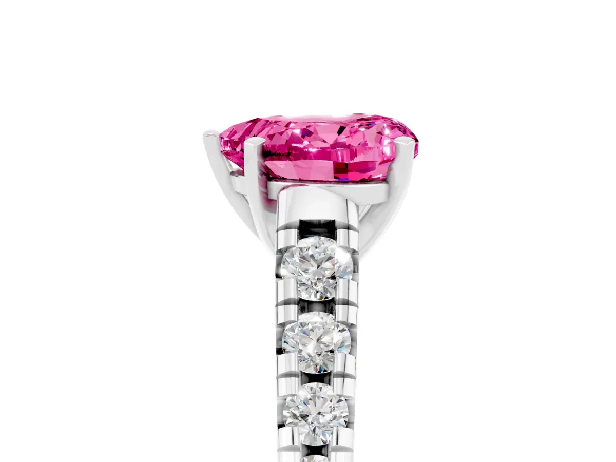 Heart Cut Pink Sapphire Cathedral Solitaire Ring with Round Pavé Band Silver