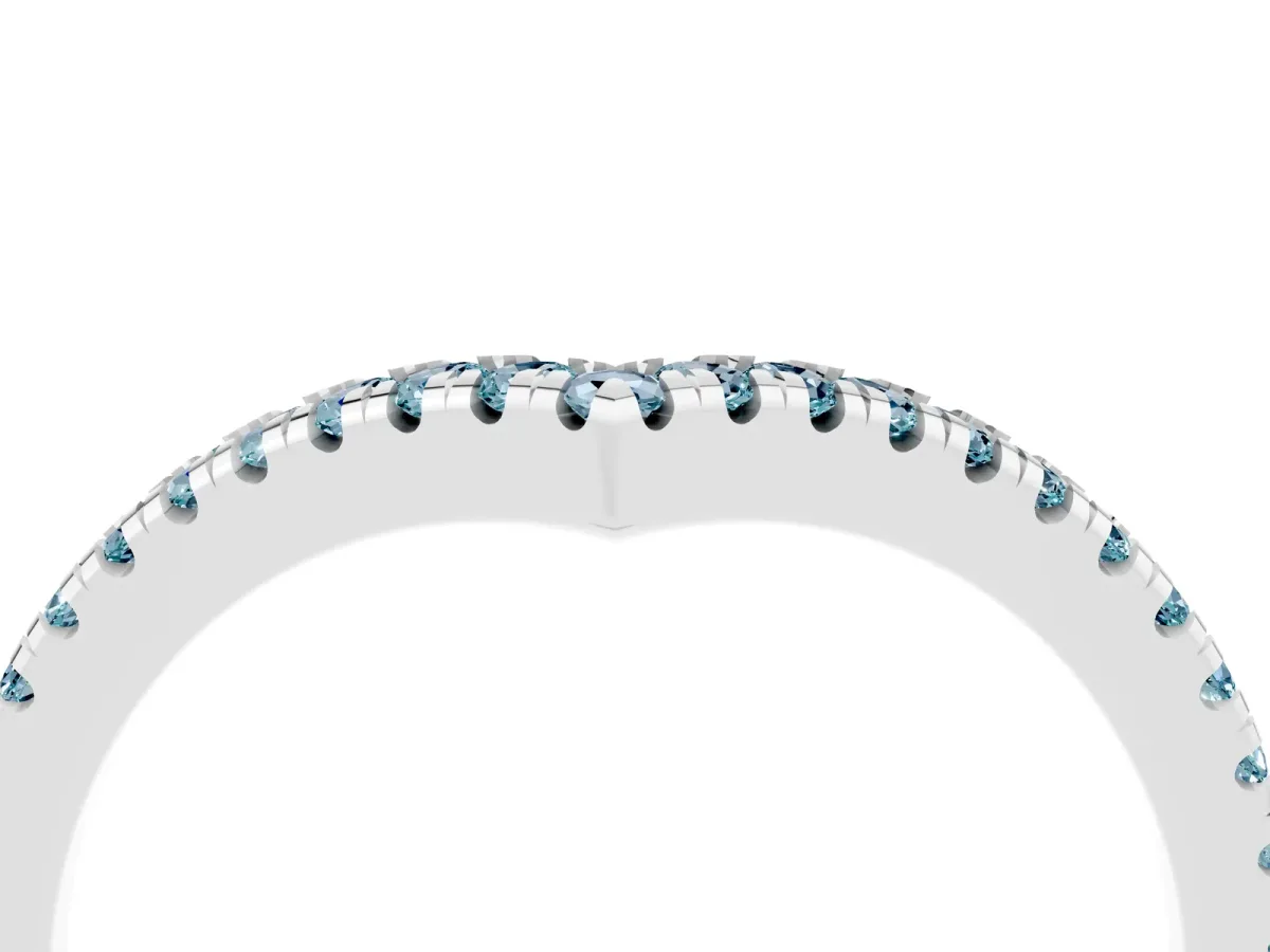 Pavé Round Aquamarine V-Shaped Chevron Band with Shared Prong Setting Silver