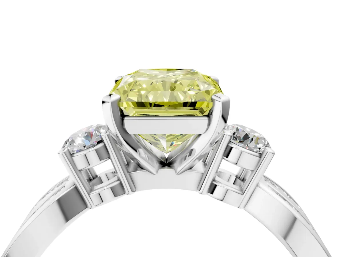 Fancy Yellow Three-Stone Radiant Cut Cut Diamond Twist Band with Prong Setting Platinum