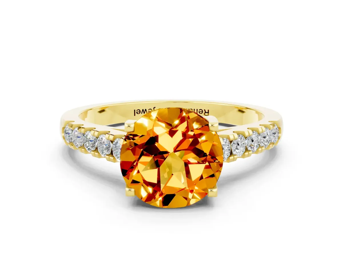 Round Cut Citrine Pavé Band Solitaire Ring with Prong Setting Yellow gold