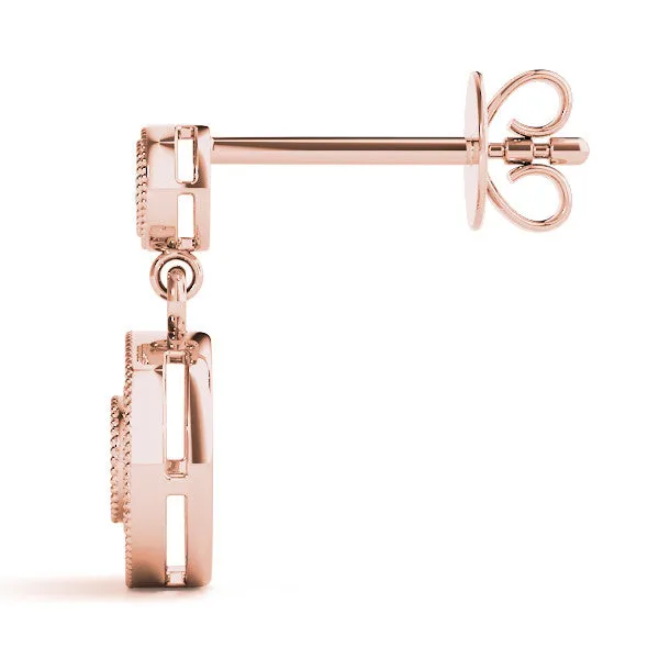 Round Halo Diamond Drop Earrings with Milgrain Bezel Setting Rose gold