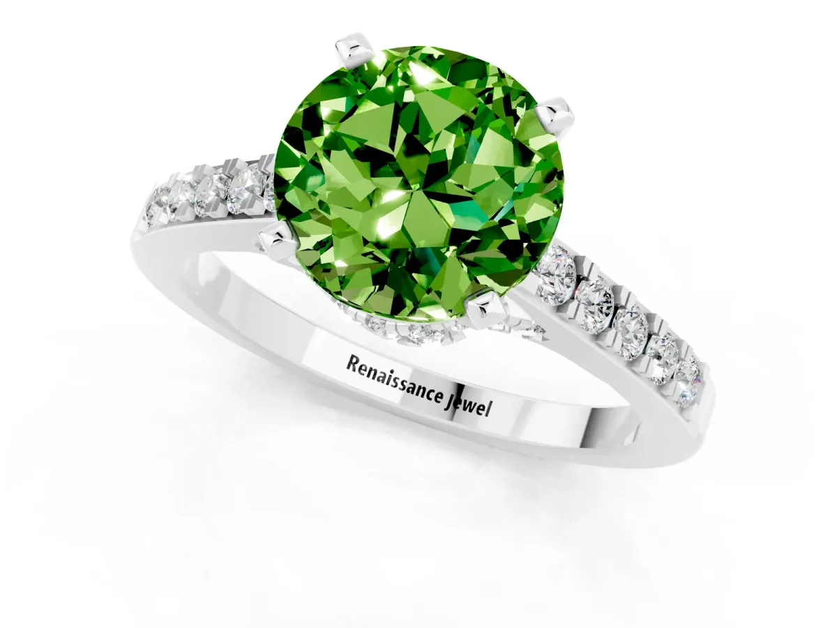 Round Cut Peridot Solitaire Ring with Crossover Gallery and Round Pavé Band Silver