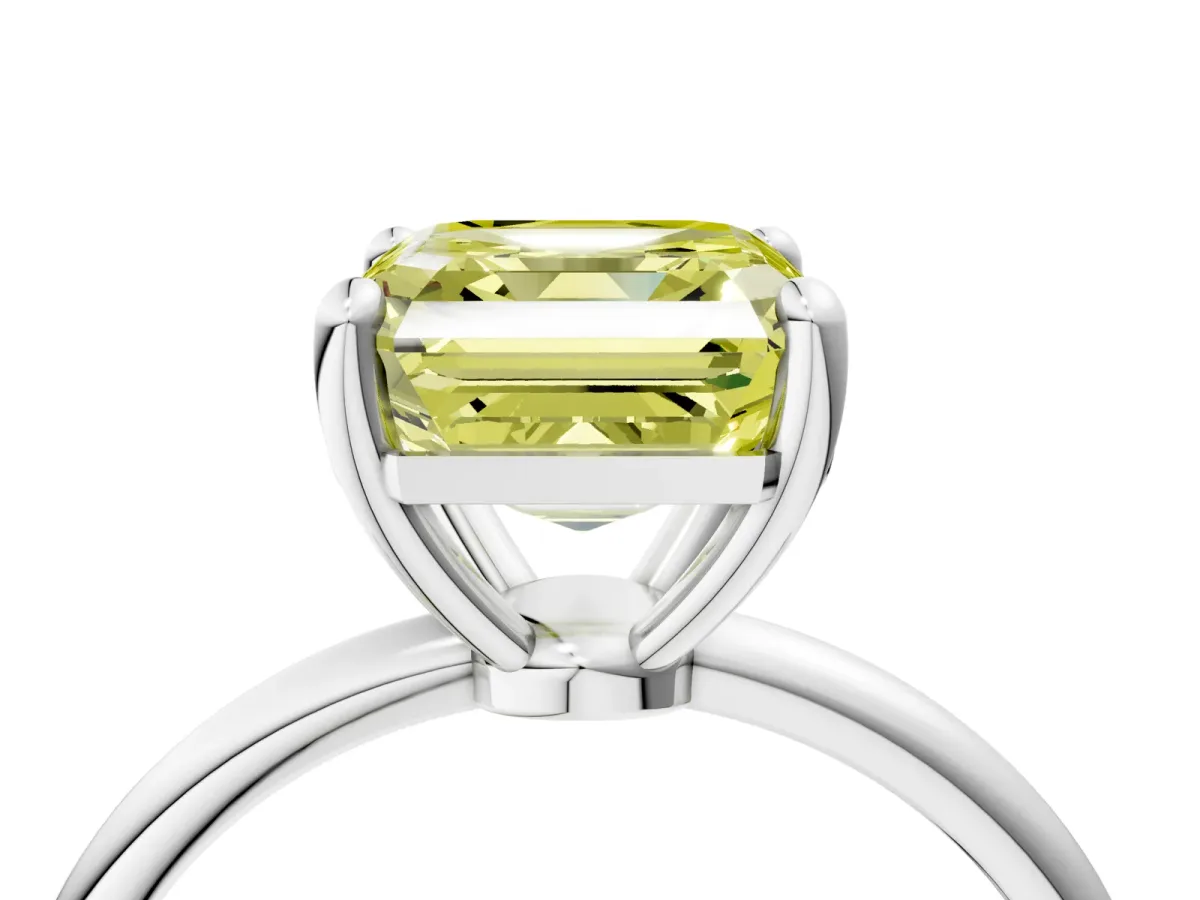 Fancy Yellow Asscher Cut Solitaire Diamond Ring with 4-Prong Setting on a Classic Band White gold